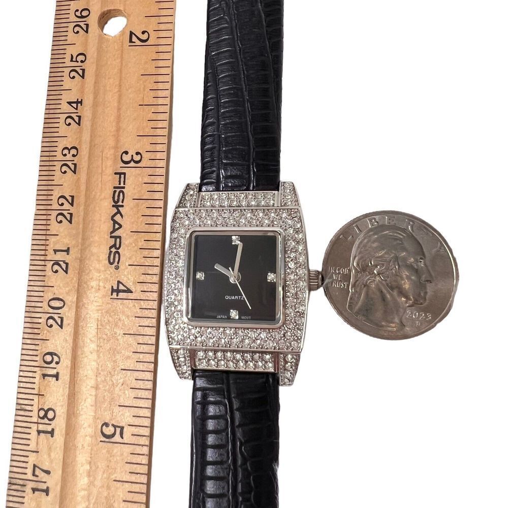 Vintage Women's Watch Black Band Faux Leather Rhinestone Bezel Black Dial - Picture 13 of 16
